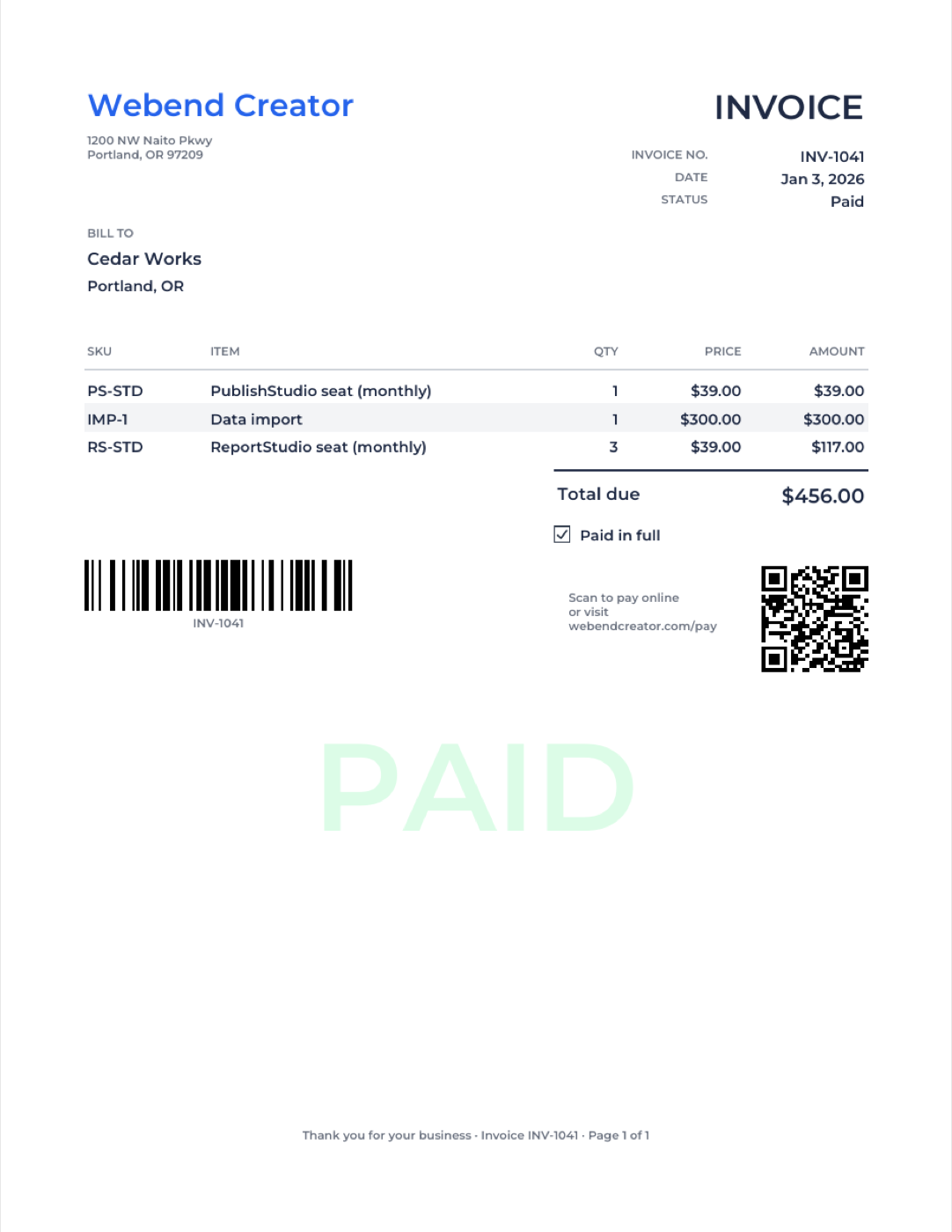 An invoice with line items, a barcode, a QR code and a PAID stamp